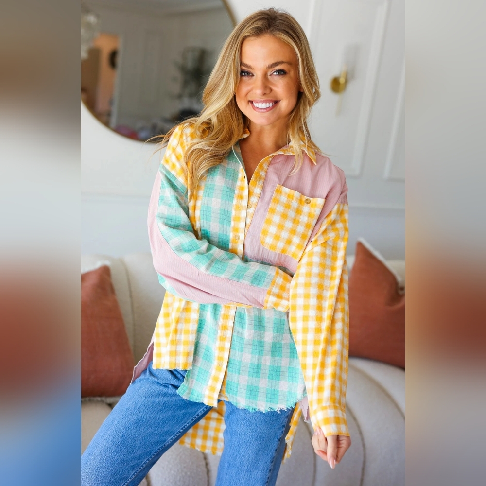 💥NEW You've Got This Mint & Yellow Cotton Plaid Hi-Lo Button Down Shirt